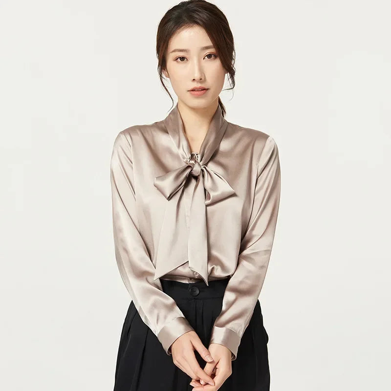 Heavyweight Mulberry Silk Shirt Women's 2025 Spring And Autumn New Long Sleeve Satin Silk Blouse V-neck Bow Ribbon Shirt
