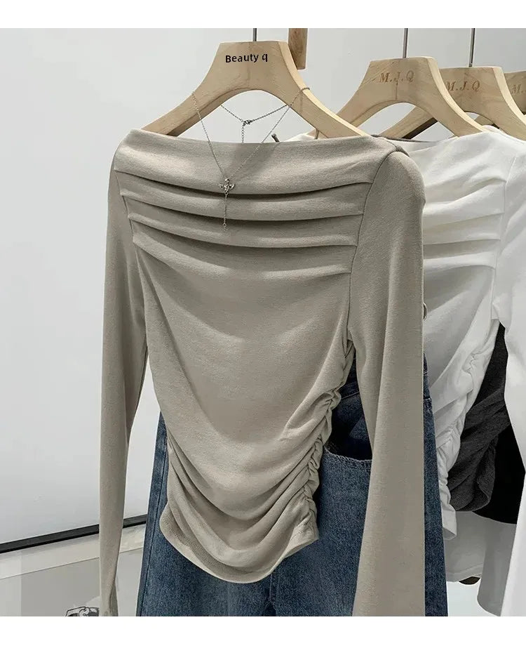 Spicy Girl Style One-Collar Ruffles Cropped Long Sleeve T-Shirt Women's Autumn/Winter New Arrival Base Layer Sweatshirt.