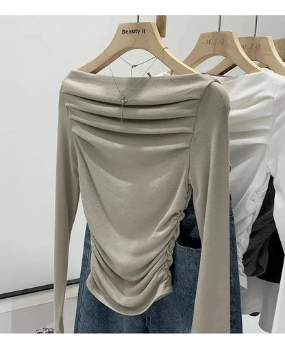 Spicy Girl Style One-Collar Ruffles Cropped Long Sleeve T-Shirt Women's Autumn/Winter New Arrival Base Layer Sweatshirt.