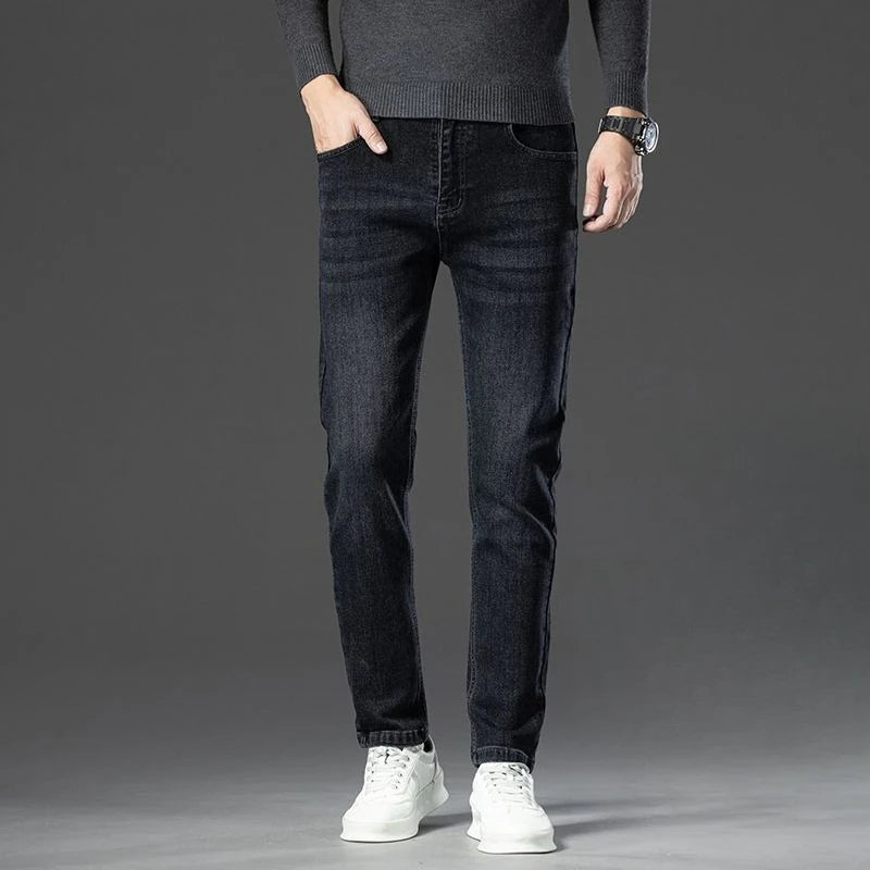 Autumn Winter New High Elasticity Men's Business Jeans Haze Blue Black Gray Denim Trousers Men's Pants Work Clothes Brand.