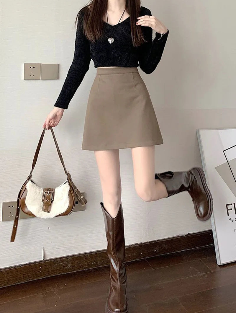 Autumn Winter Womens Woolen Skirt 2024 New Korean Style High Waist Bodycon Mini Skirts Ladies College Style Zipper A-Line Skirt.