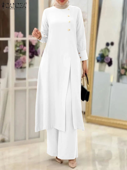 ZANZEA Muslim Abaya Suit Elegant Women Matching Sets Fashion Long Shirt Tops & Wide Leg Pants Ramadan Outfits Urban Tracksuits