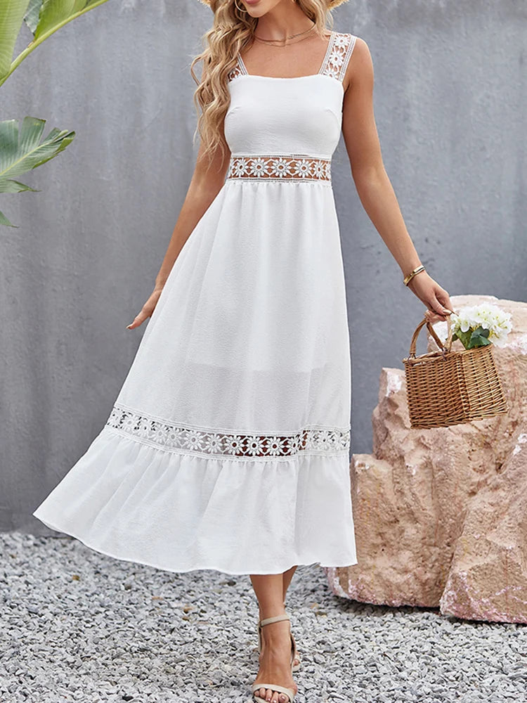 Weiße Lange Kleid Frauen Sommer Sexy Sleeveless Backless Maxi Kleider Damen Elegante Hohle Heraus Spitze Kleid Boho Sommerkleid Vestidos.