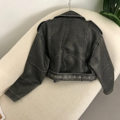 Neue Frühjahr Frau Faux Leder Jacke Chic Vintage Amerikanische straße tragen Kurze Revers Zipper Gürtel Biker Mäntel Mode Streetwear