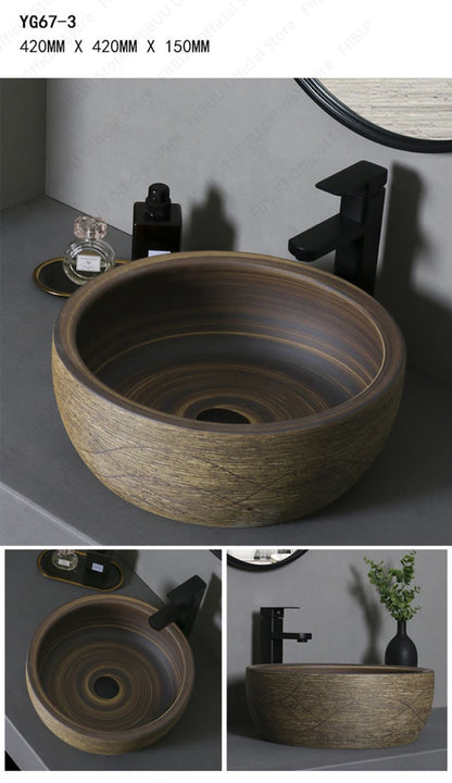Braunes Keramikgefäß, Waschbecken, Waschtisch, Schüssel, ovaler Badezimmertisch, Waschbecken, Toilette, Balkon, Kunstbecken, über der Theke, Sockelwaschbecken