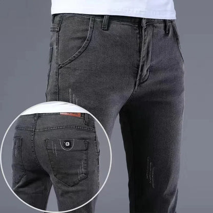 Slim Fit Men's Jeans Casual Elastic Korean Style Autumn Grey Trendy Long Pants Versatile Slim Legged Casual Trousers