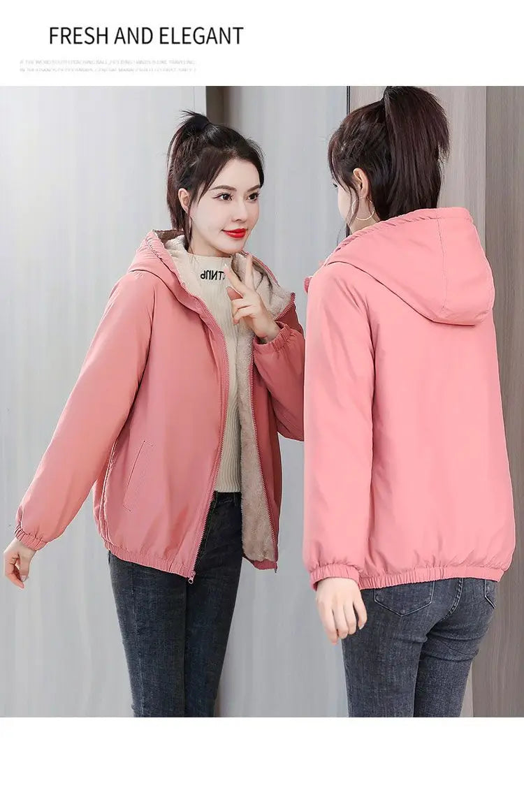 Women's Fleece Coat Winter Warm Thicken Solid Windbreaker Hooded Cotton Plush Hooded Jackets Casual Outdoor Windproof Jacket.