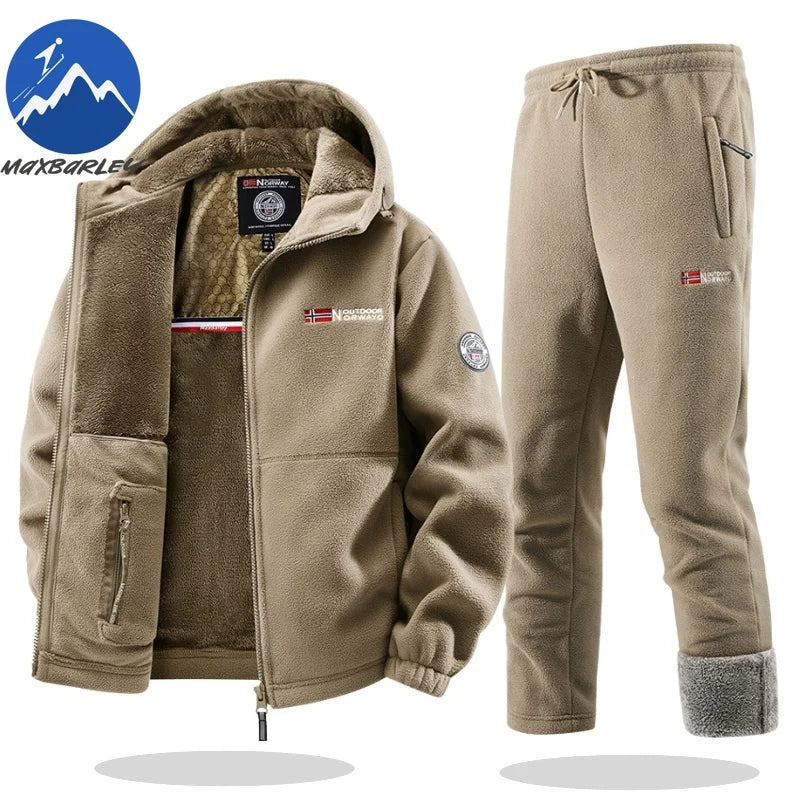 Maxbarley Winter Sportswear Set Mens Retro Training Thick Fleece Jacket + Pants Two Piece Set Casual Ski Running Tracksuit Suit.