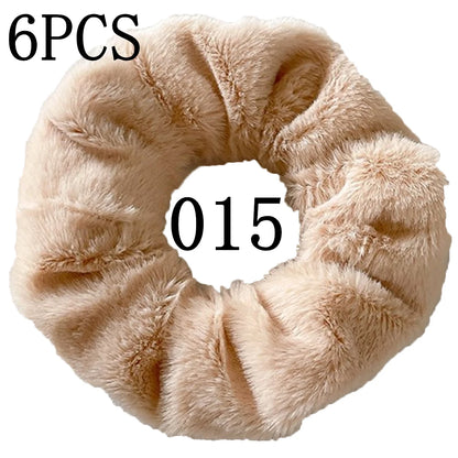 6pc Hair Scrunchies Furry Elastic Band Women Girl Ponytail Holder Rubber Ties Accessories Plush Faux Fur Soft Chiffon Headband.
