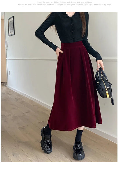 Autumn Winter Warm Vintage Red Elegant Velvet A-line Skirt For Women 2024 High Waist Casual Black Party Pleated Big Swing Skirts.