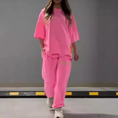 Summer New Fashion Hollowed Out O Neck T Shirt Women's 2 Piece Set Solid Color Casual Relaxed Tracksuit Pants Pocket Female Suit.