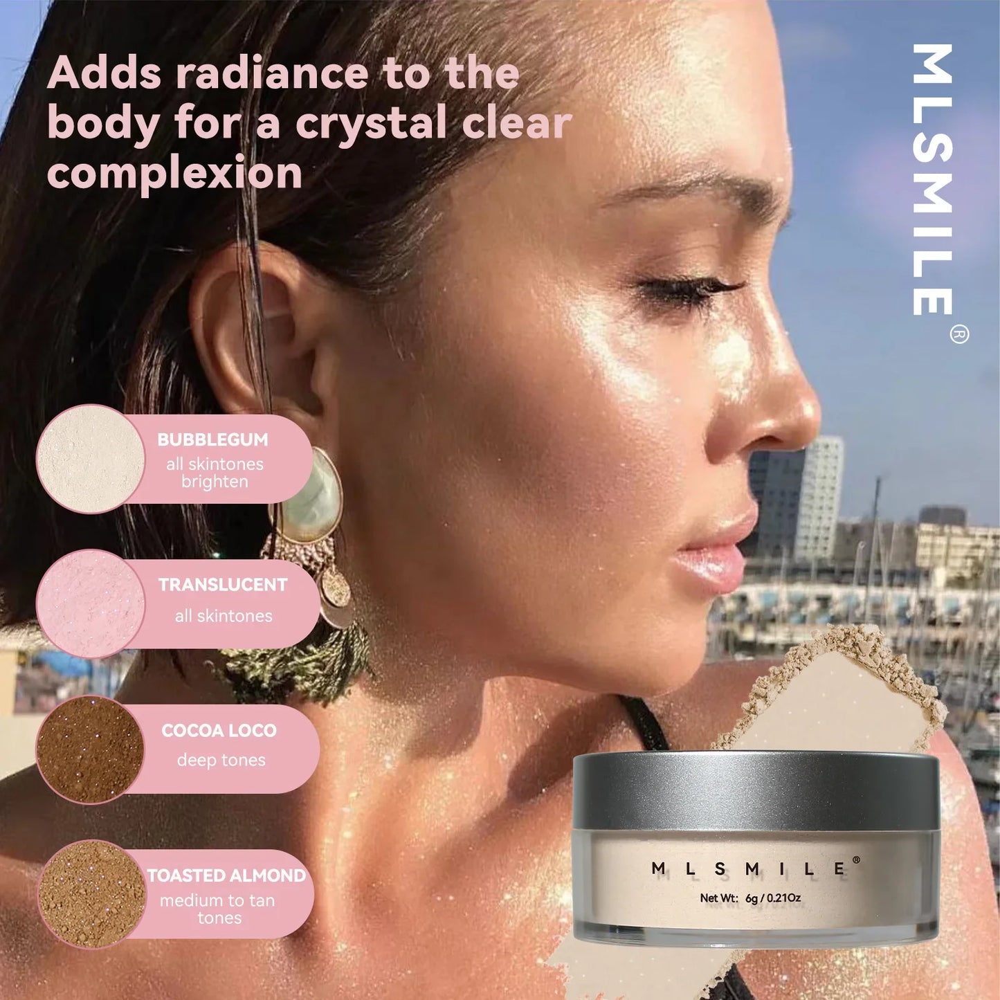 MLSIMLE 4 COLORS Natural Shimmer Pearl Setting Powder Contouring Highlighting Waterproof Sweat-proof Oil-control Makeup Powder.