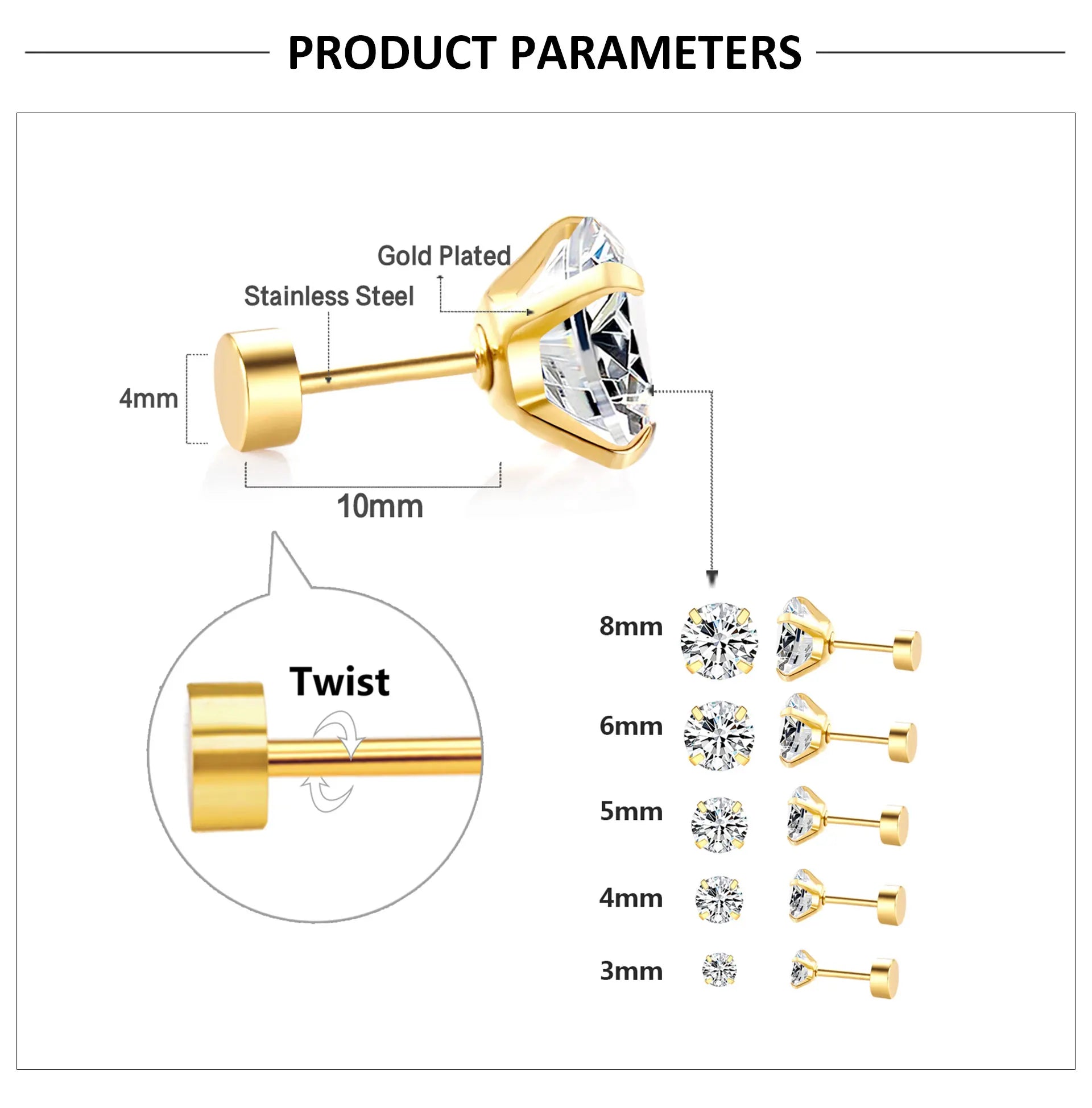 LUXUSTEEL 1Pairs/2Pcs Stainless Steel Crystal Studs Earrings For Women Men 4 Prong Tragus Round Clear Cubic Zirconia Ear Jewelry.