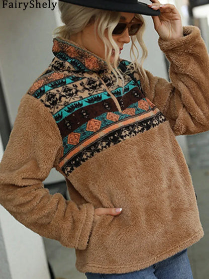 Fairyshely 2025 Winter Print Women Hoodies Casual Long Sleeve Hood Sweatshirt Loose Autumn Lady Stand Collar Plush Hoodie Tops.