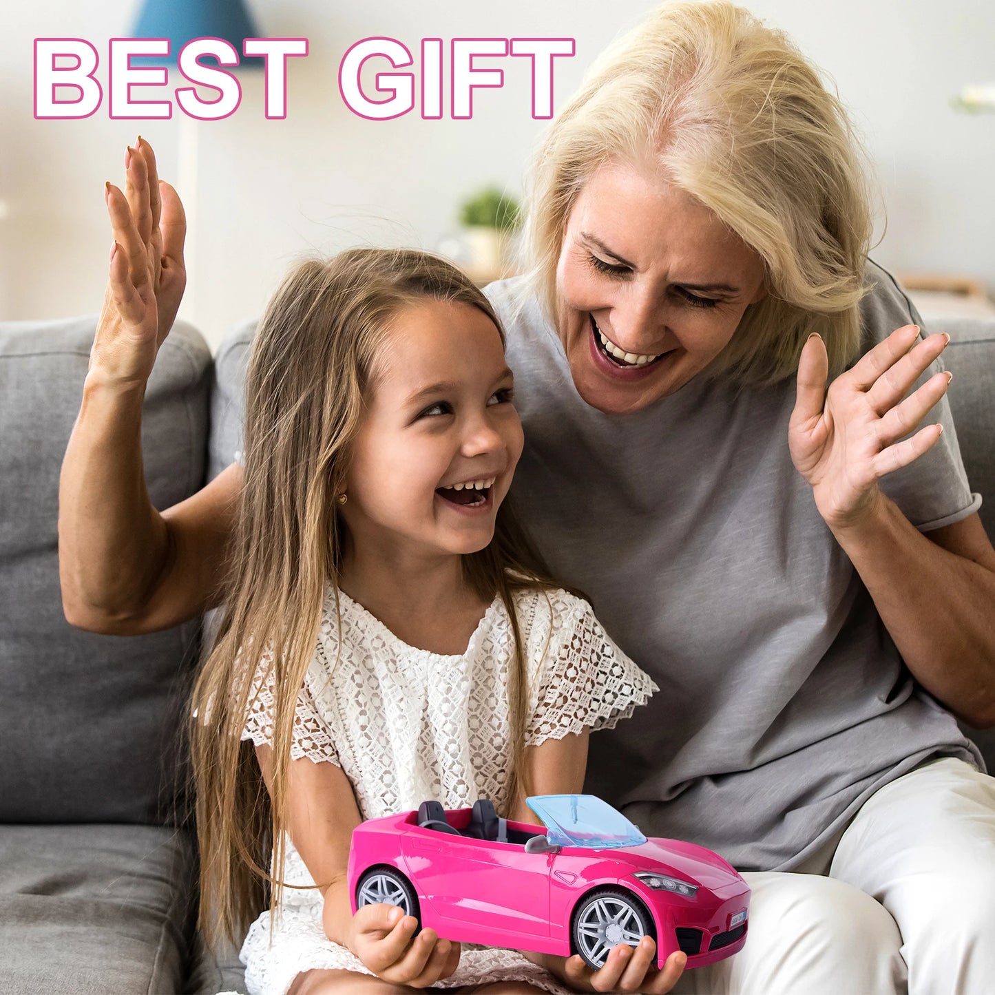 Doll Accessories Toy Car Playset Bright Pink Doll-Sized Convertible with 2 Seats Seatbelts & Rolling Wheels Realistic Details.