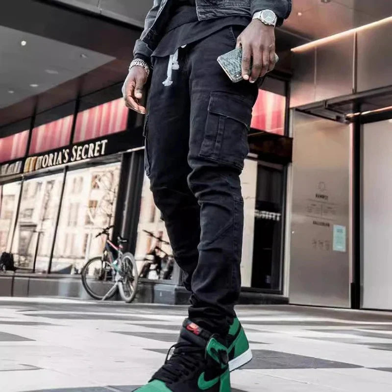Männer Straße elastische Jeans Jeans waschen einfarbige Multi-Taschen Cargo hose lässig Slim Fit täglich tragen Jogger mittlere Taille Hose.