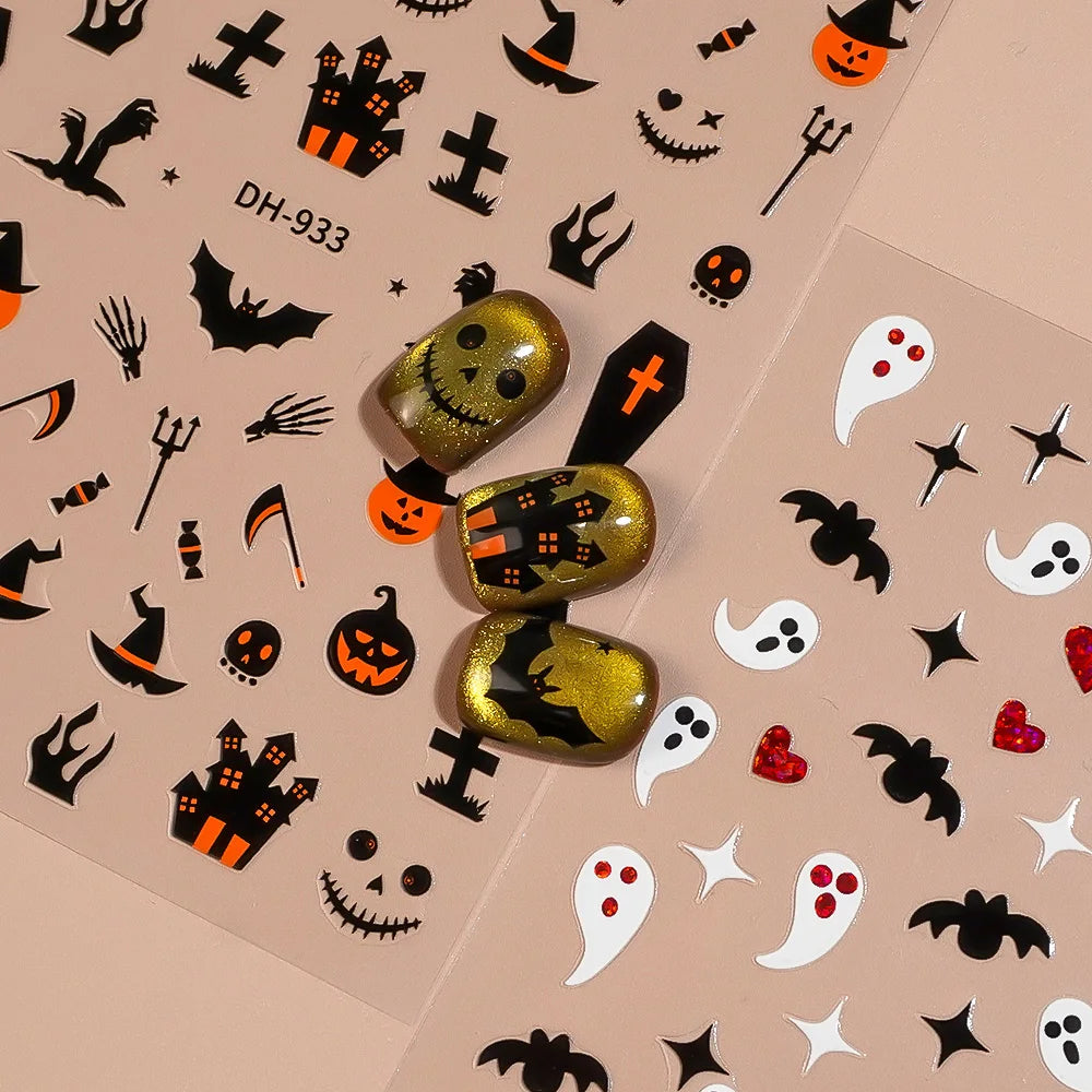 1/5pcs Demon Pumpkin Bat Skull Nail Art Stickers Halloween Dark Style Nail Stickers DIY Self Adhesive Manicure Decoration Decals.