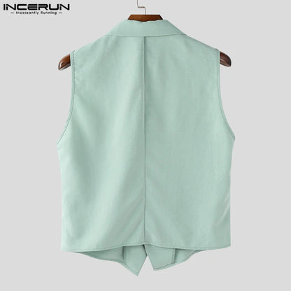 INCERUN Summer Men's Sets Solid Color Sleeveless Tops Tee Buttons Summer Long Pants Male Two-piece Suits Streetwear 2PCS S-5XL