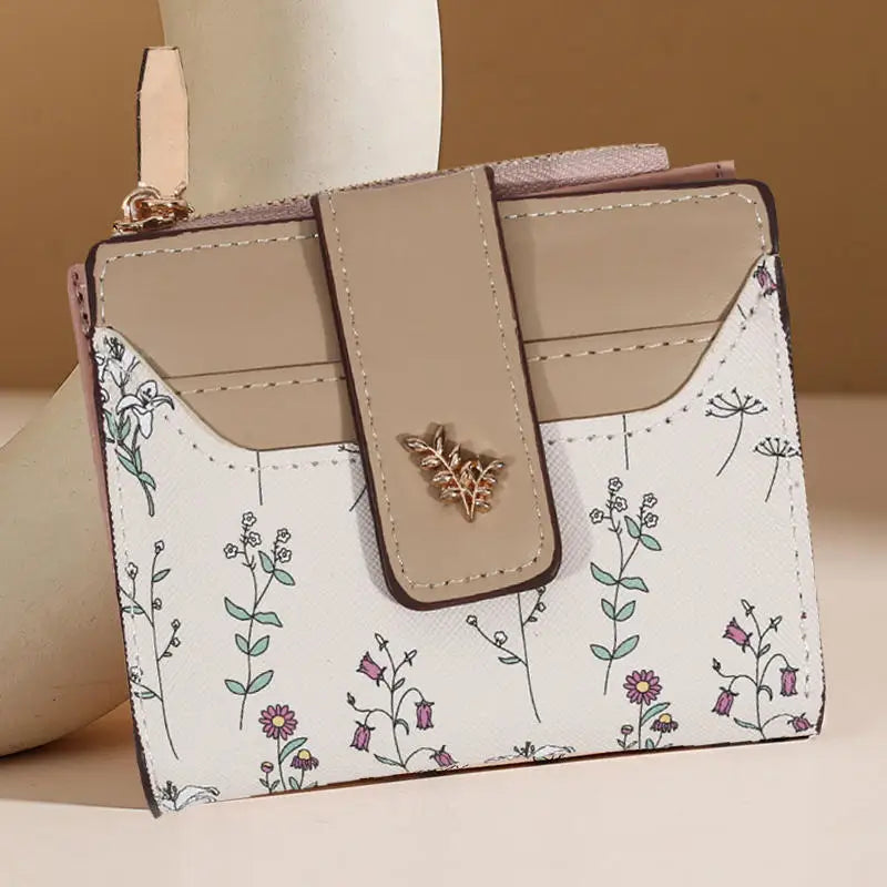 Slim Pu Leather Short Wallet Ins Multi Card Zipper Coin Wallet Strap Small Flower Card Bag Wallet Zipper Strap Women's Girl