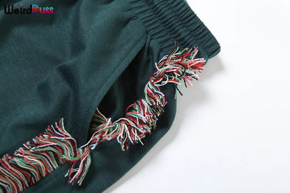 Weird Puss Casual Sporty 2 Piece Set Women Letter Embroidery Crop Tops+Side Tassel Straight Pants Matching Streetwear Tracksuits