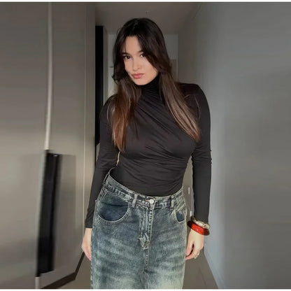 Turtleneck Women Tees Sexy Slim Long Sleeve Pleated All-match Basic Lady T-shirts Spring Autumn Fashion Chic Female Top 2025