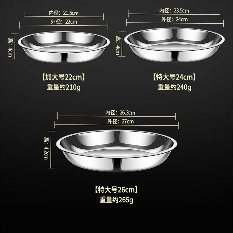 Thick Round 316 Stainless Steel Dinner Plate Food Grade Trays Salad Fruit Meal Pan Kitchen Steak Seafood Flat Cooking Bowls.