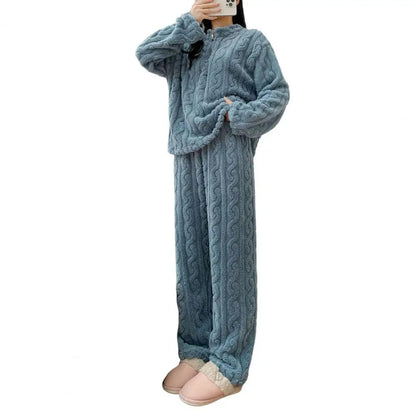 2-teiliges Set, verdickt, warm, modisch, Samt-Pyjama, Herbst-Winter, gepolstert, Damen, lässig, elastisch, gestreift, bequem, Homewear.