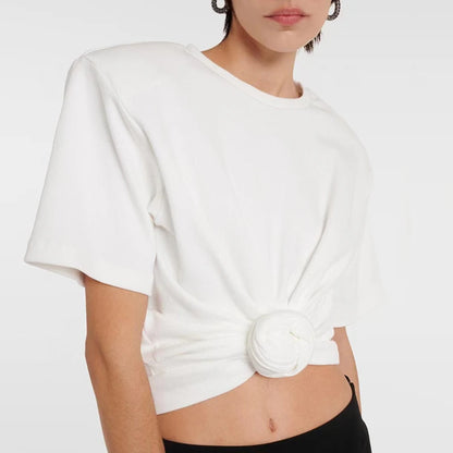 Y2K knotted twist knitted threaded round neck Top women fashionable and versatile navel padded shoulder short-sleeved T-shirt.