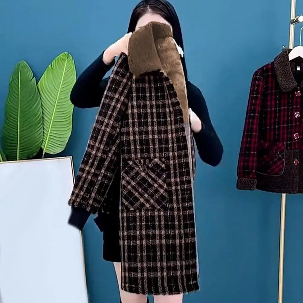 Frauen Plaid Mantel Karierten Winter Mutter Jacke Taschen drehen-unten Kragen einreiher Mid Länge Mantel Mid-aged frauen Mantel.