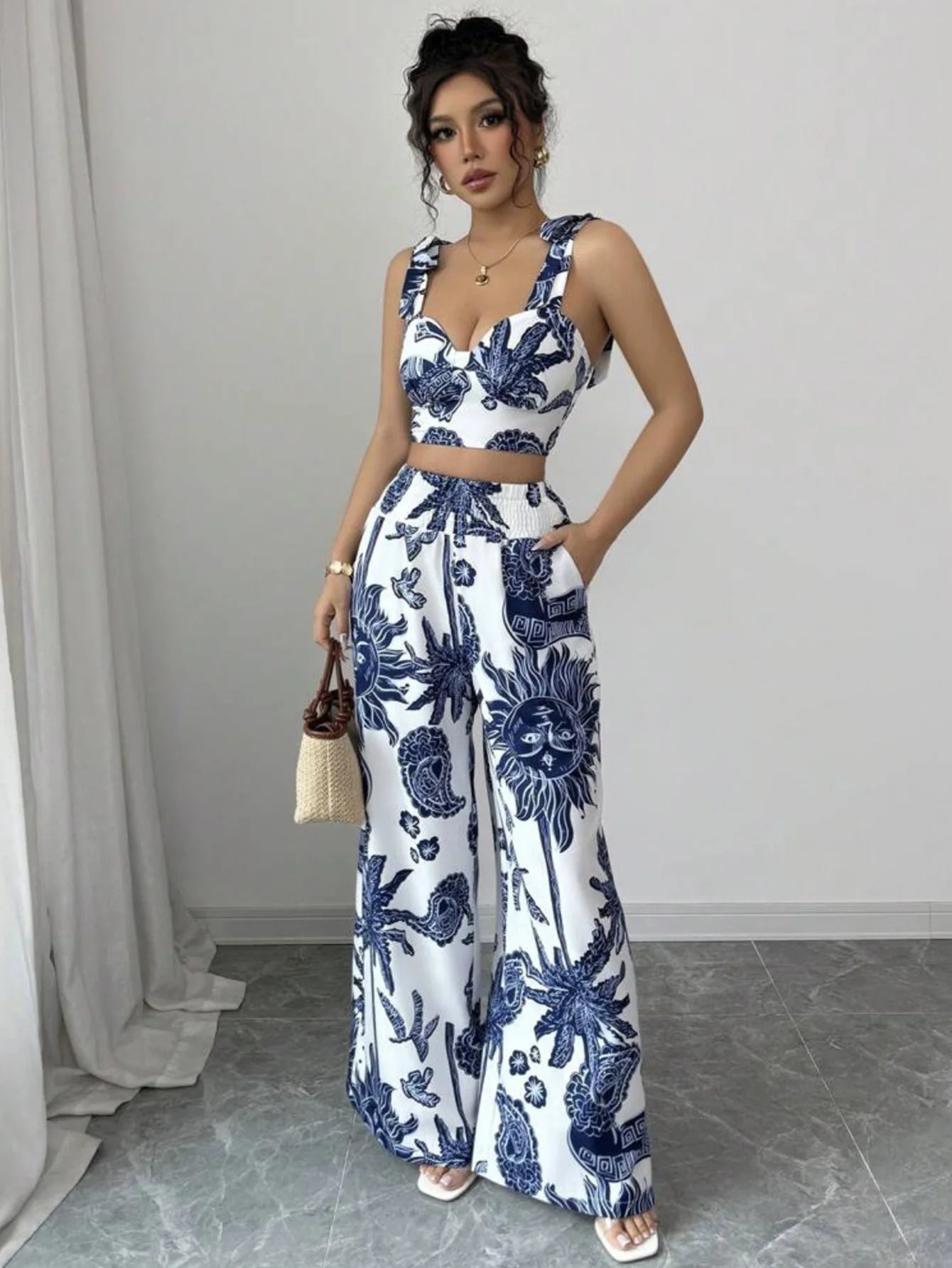 Two Piece Sets Women Pant Print Sling Tops High Waist Wide Leg Pants Drawstring Matching Sets Casual Backless Tops Summer 2025.