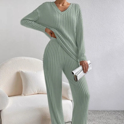 Women's Pajamas Autumn Winter New Casual Straight Pants Pullover Sleepwear Loose V Neck Knitted Home Wear Two Piece Loungewear.