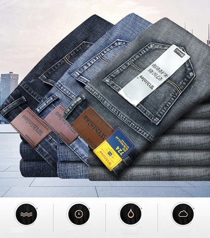 New Business Men's Jeans Casual Straight Stretch Fashion Classic Smoke Gray Blue Black Work Denim Trousers Male Brand Clothing.