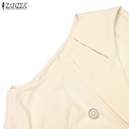 Fashion Women Jumpsuits 2025 ZANZEA Summer Rompers Elegant Wide Leg Work OL Overalls V Neck Sleeveless Pleated Playsuit Trousers.