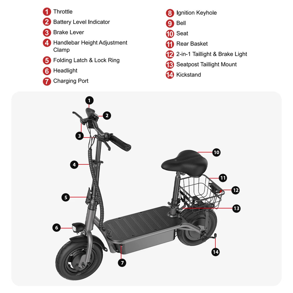 iScooter - F2 Electric Scooter with 500W Motor, 36V 7.8Ah Battery, 10-inch Tires, Adult Foldable Electric Scooter with Seat.