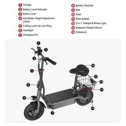 iScooter - F2 Electric Scooter with 500W Motor, 36V 7.8Ah Battery, 10-inch Tires, Adult Foldable Electric Scooter with Seat.