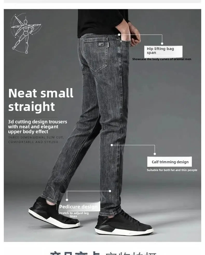 Loose Casual Jeans for Men Mid-aged Thick Winter Long Pants Business Style Straight Leg Spring Autumn Korean Version.