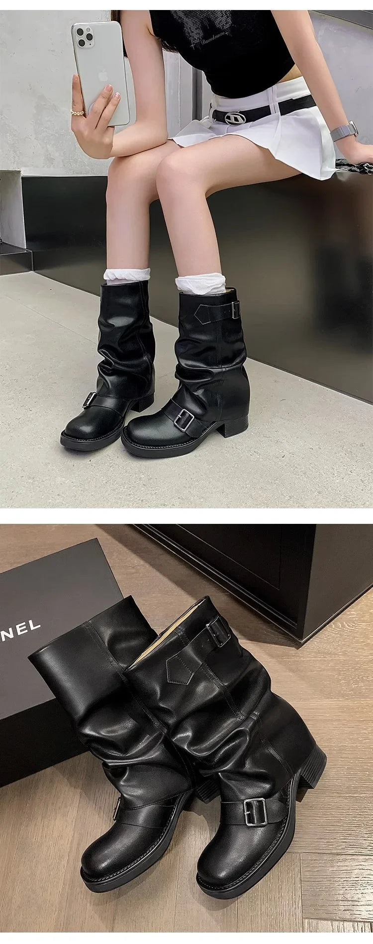 Pleated Buckle Knight Boots for Women Autumn Brown PU Leather Mid Calf Boots Woman Slip-On Thick Heel Riding Botas Mujer 2024.