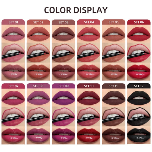 3pcs Matte Liquid Lipstick+Lip Liner Set Lip Glaze Makeup Nude Black Red Velvet Lip Gloss Long Lasting Lip Tint Cosmetics Kits.