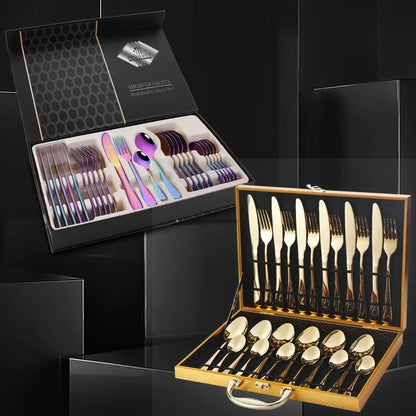 24pcs Golden Tableware Set Light Luxury Stainless Steel Cutlery Fork Knife Spoon Dinnerware Set Minimalist Decor with Gift Box.