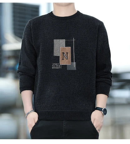 Autumn Winter Fashion Sweater Men's Round Neck Pullovers Fleece Thick Warm Jumpers Pattern Patchworked Men's Clothes