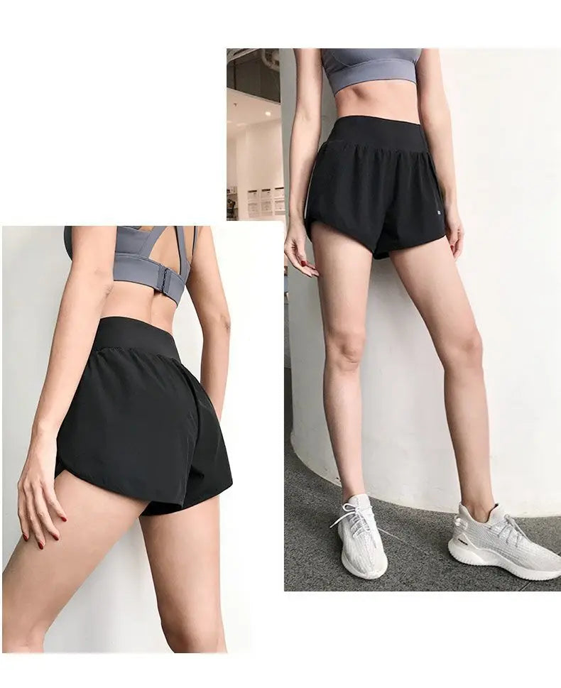 Women Yoga Pocket Shorts Fake Two Piece Anti Peek Shorts High Elastic Loose Fashion Casual Gym Trainning Three Point Pants.