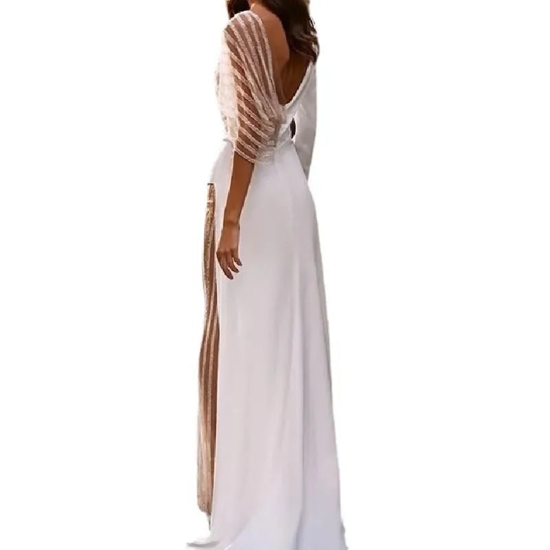 2024 Spring New Women's Clothing Amazon V-Neck Lace Irregular Gown Jumpsuit Colorful Blocks Inverted Pleated Prom Gowns.