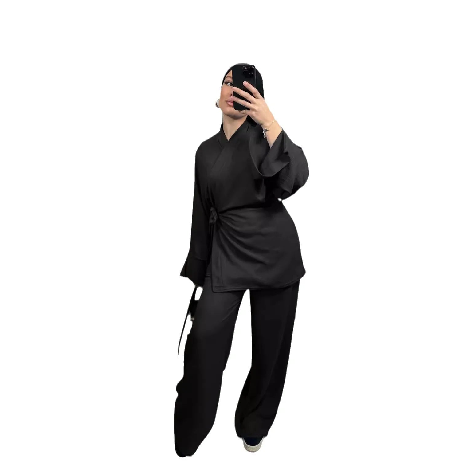 Two Piece Set Women Muslim Blouse Lace Up Wide Leg Pants Suit Eid Ramadan Morocco Dubai Islam Ensemble Arabic Modest Outfits.