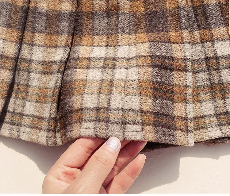 Plaid Woolen Blends Pleated Skirt For Women Fall Winter High Waist A-line Skirt Ladies Fashion Khaki Mini Skirts Vintage Female.