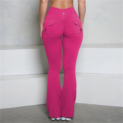 Allure The Brand Pocket Flare Scrunch Butt Pants ATB Women Tight-Fit Sexy Slim High Waist Pants Push Up Fitness Flare Leggings