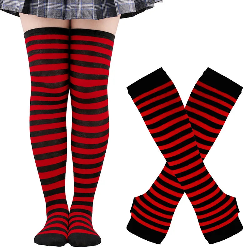 2Pair/Set Women Gothic Punk Over Knee Long Stripe Socks Girl Arm Sleeve Gloves Thigh High Cotton Socks Sweet Cute Soks Hosiery.
