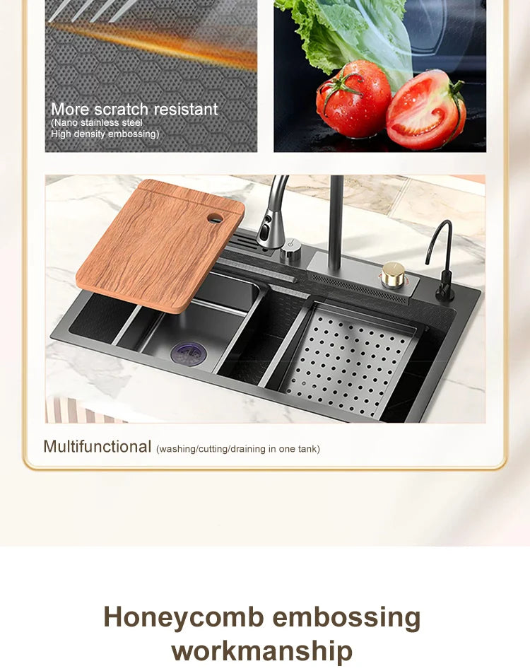 Large Single Slot Embossed Stainless Steel Waterfall Kitchen Sink  Household Wash basin Dishwashing  Sink For Kitchen