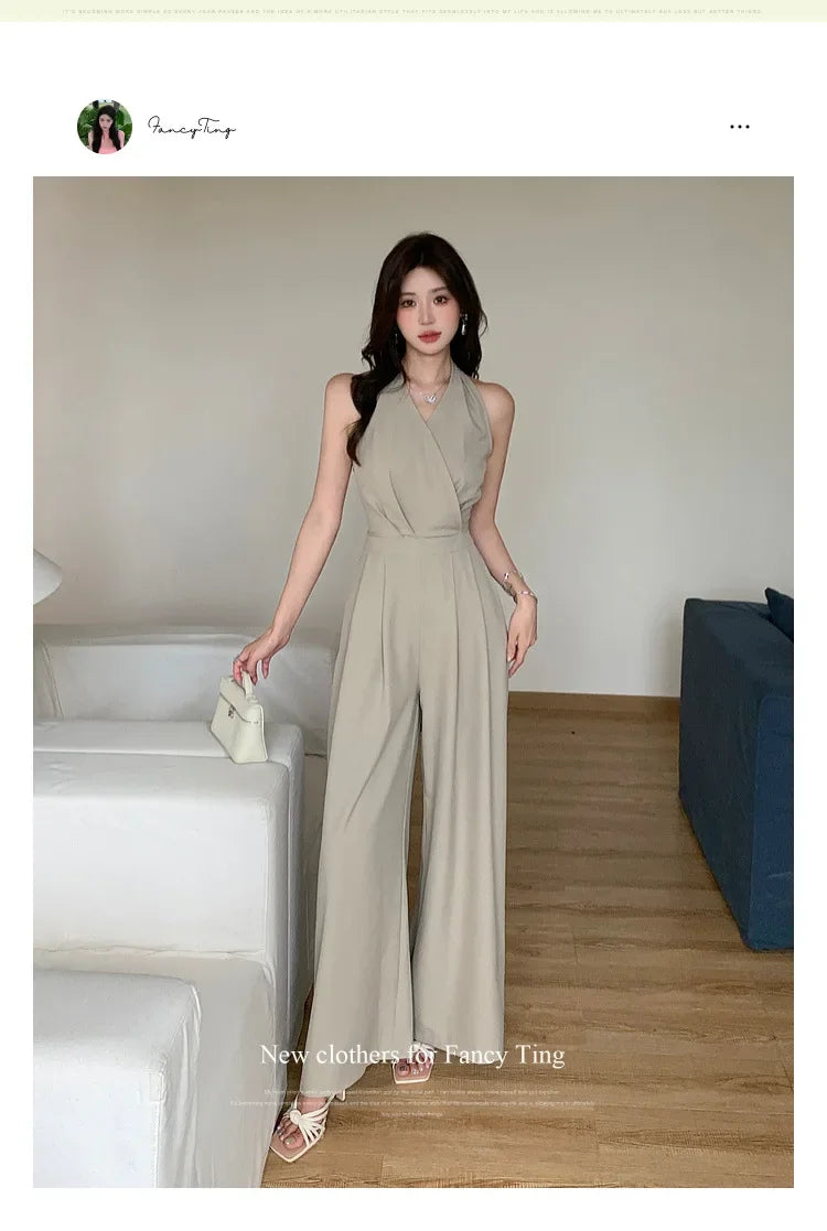 French Vintage Polyester Halter One-Piece Pants Women's Summer Business Commute High Waist Slimming Versatile Suit Long Pants.
