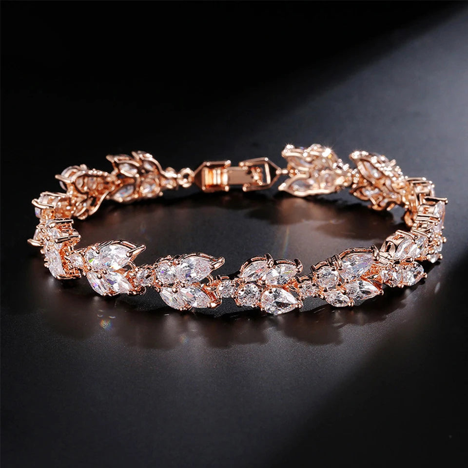 ZAKOL Luxury AAA Cubic Zirconia Wedding Bracelets for Women High Quality White Gold Color Leaf Charm Bracelet Bangles.