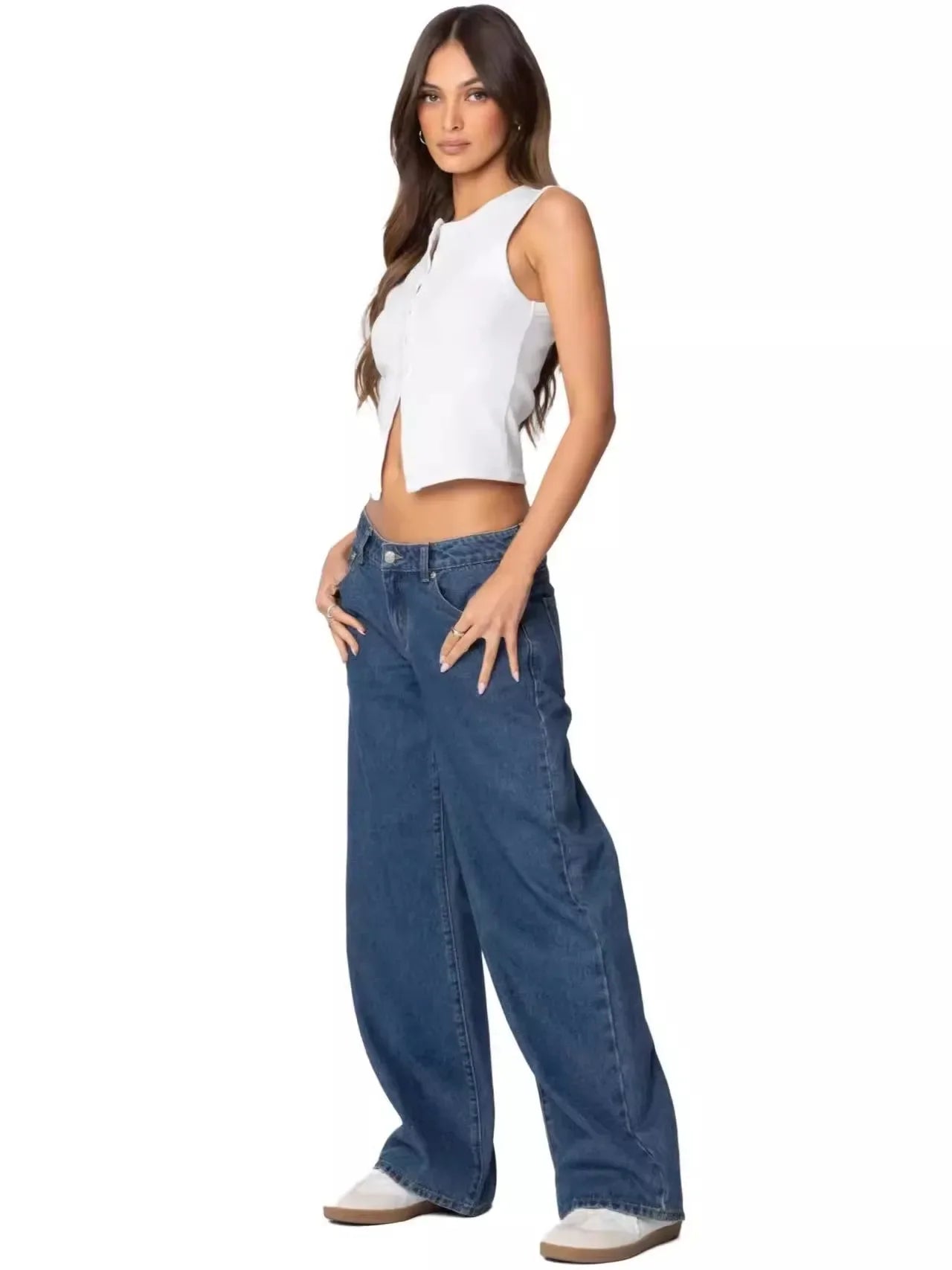 Fashionable Russian Women's Jeans High Waist Wide Leg Floor-Length Old Fashion Decorative Long Version of Women's Jeans.